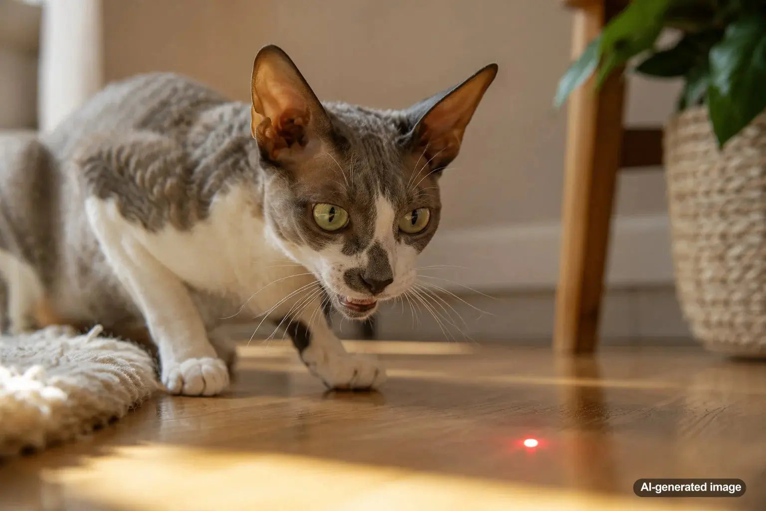 Playful cat focused on a laser dot while making a chattering sound