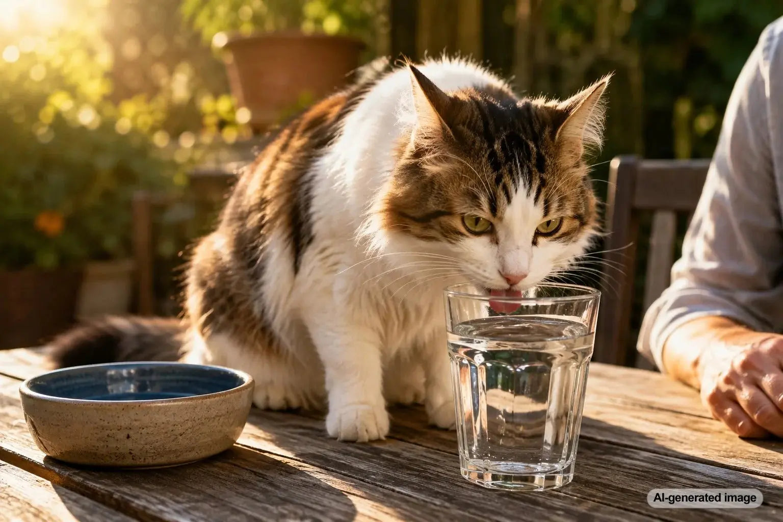 Curious cat drinking fresh water from a human drinking glass instead of its water bowl