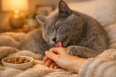 Cat grooming its owner affectionately at bedtime