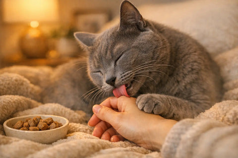 Cat grooming its owner affectionately at bedtime