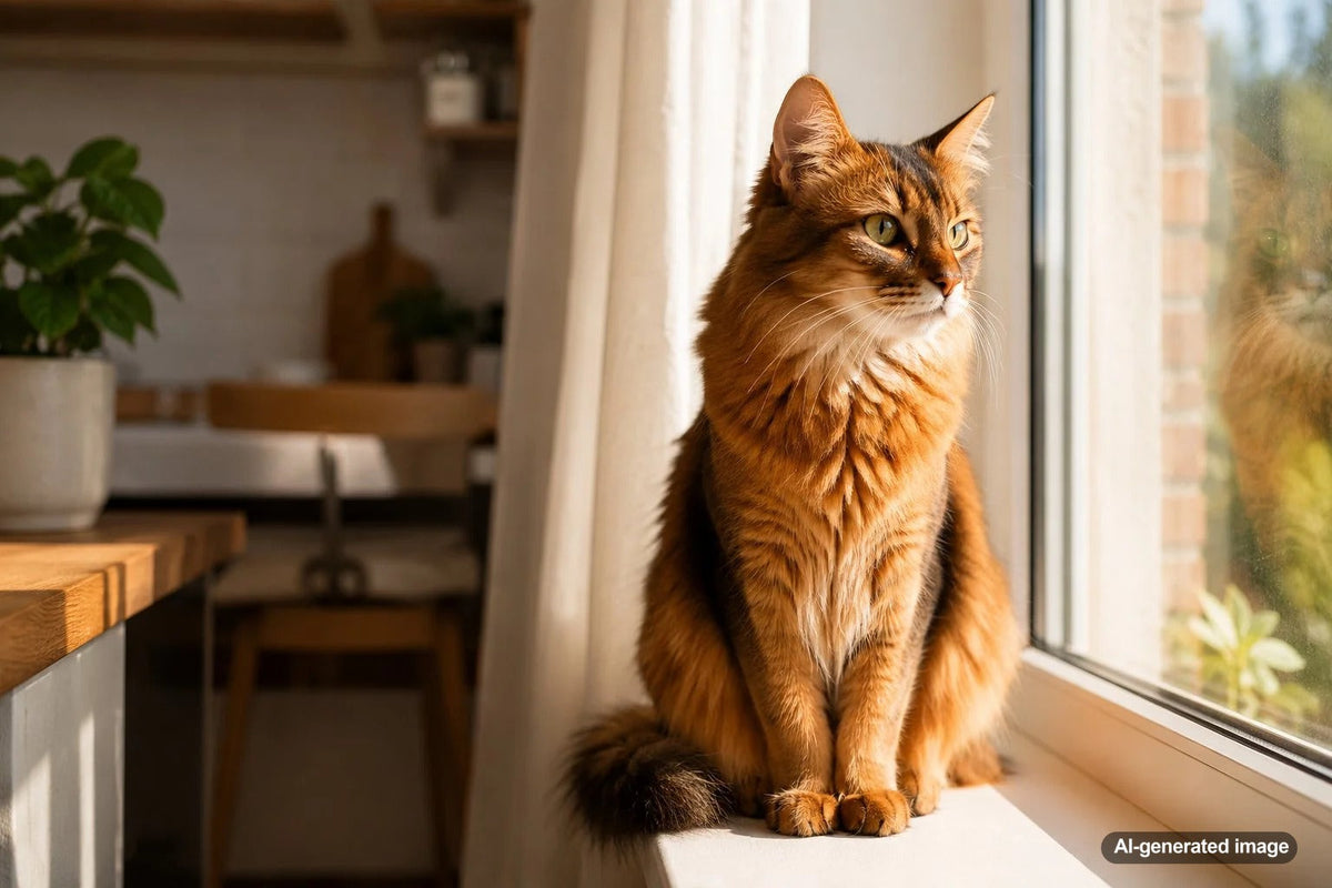 Cat relaxing in a sunny window while watching the outdoors