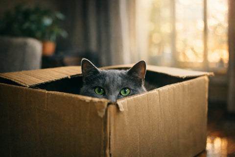 Cat resting inside a cardboard box during a summer heatwave for comfort and cooling