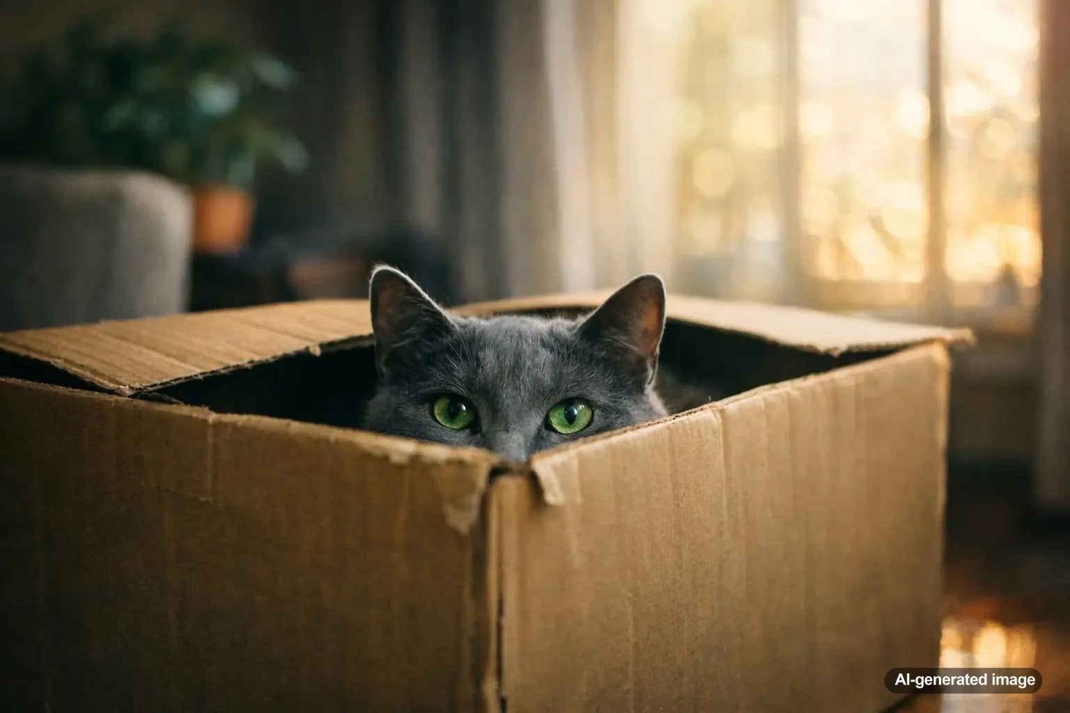 Cat resting inside a cardboard box during a summer heatwave for comfort and cooling