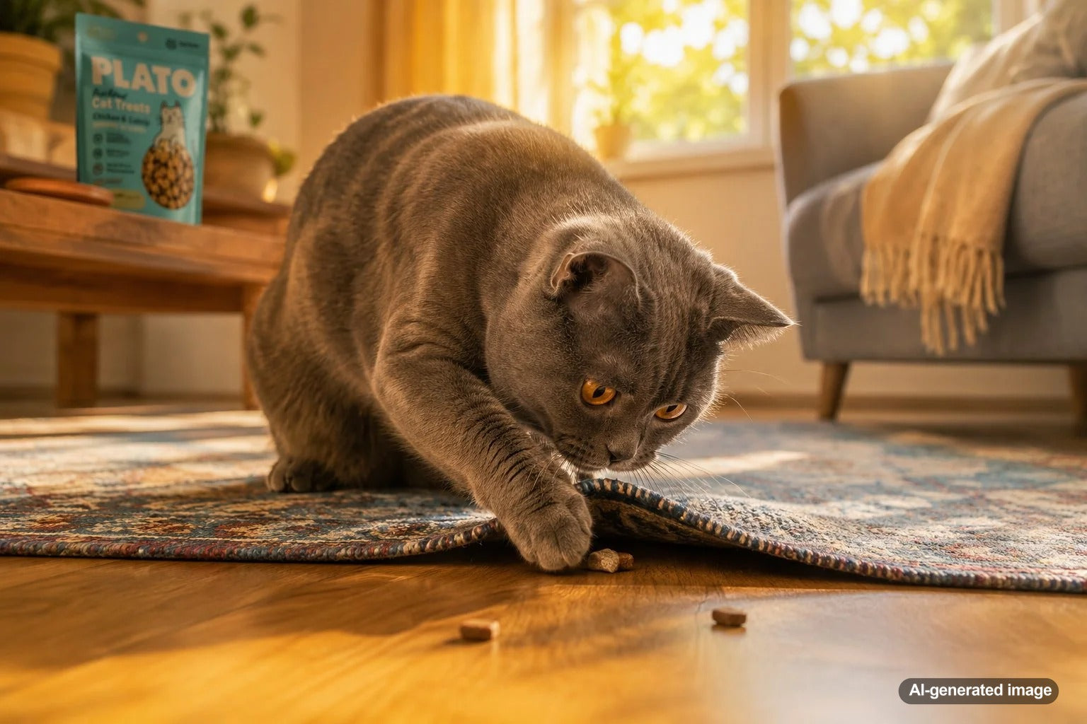 Cat hiding a favorite treat beneath the edge of a rug at home