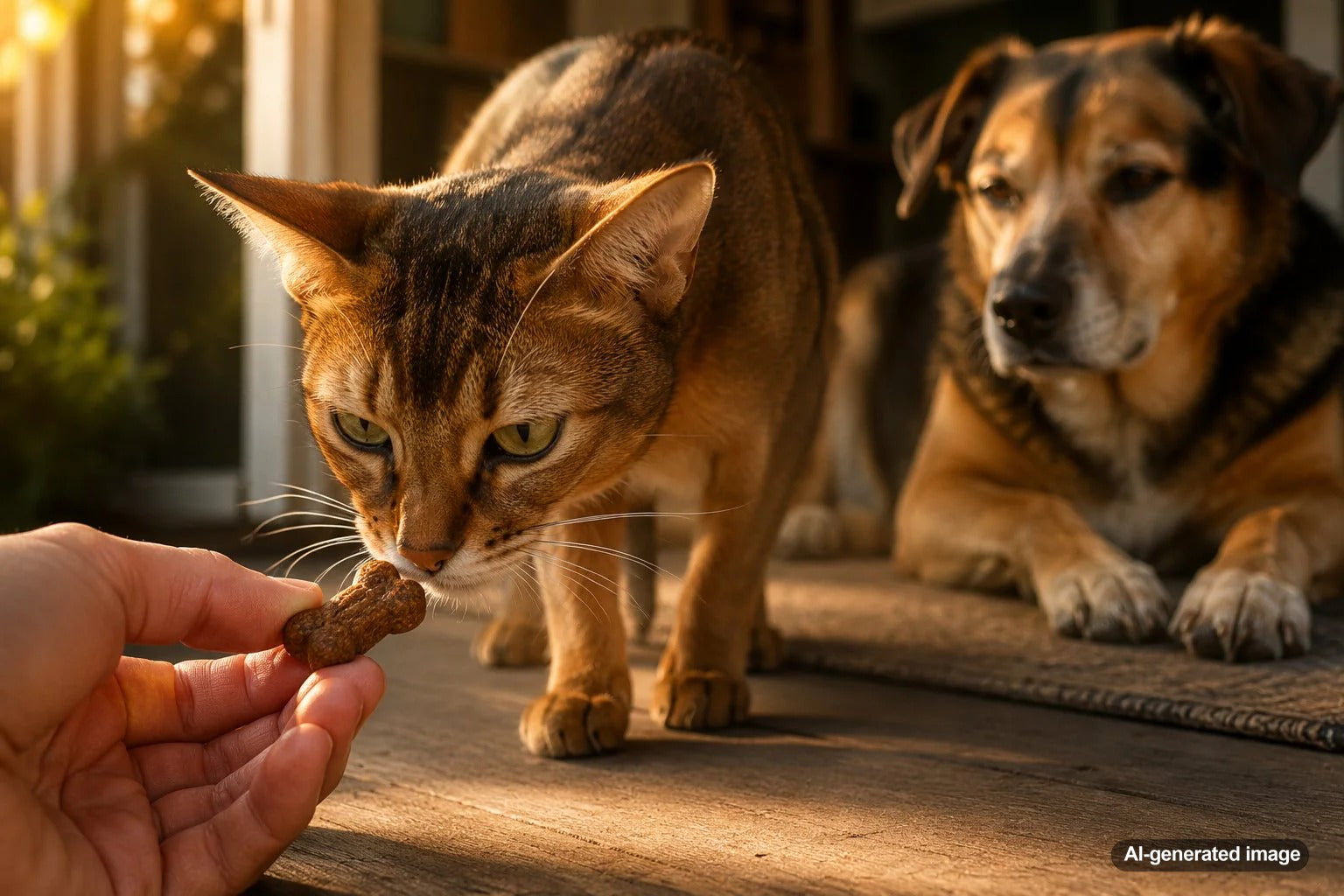 Curious cat investigating dog treats during treat time in a multi pet home