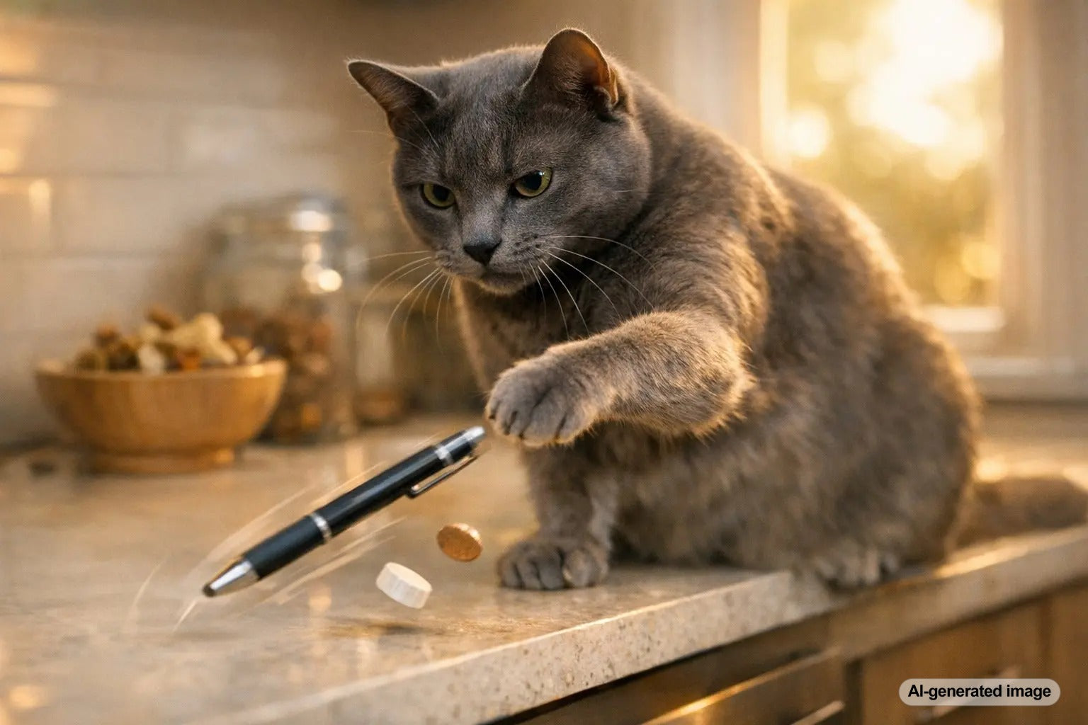 Curious cat knocking an object off a table illustrating the physics behind feline behavior