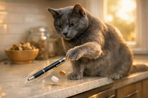 Curious cat knocking an object off a table illustrating the physics behind feline behavior