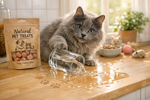 Curious cat reaching toward a full glass of water on a table