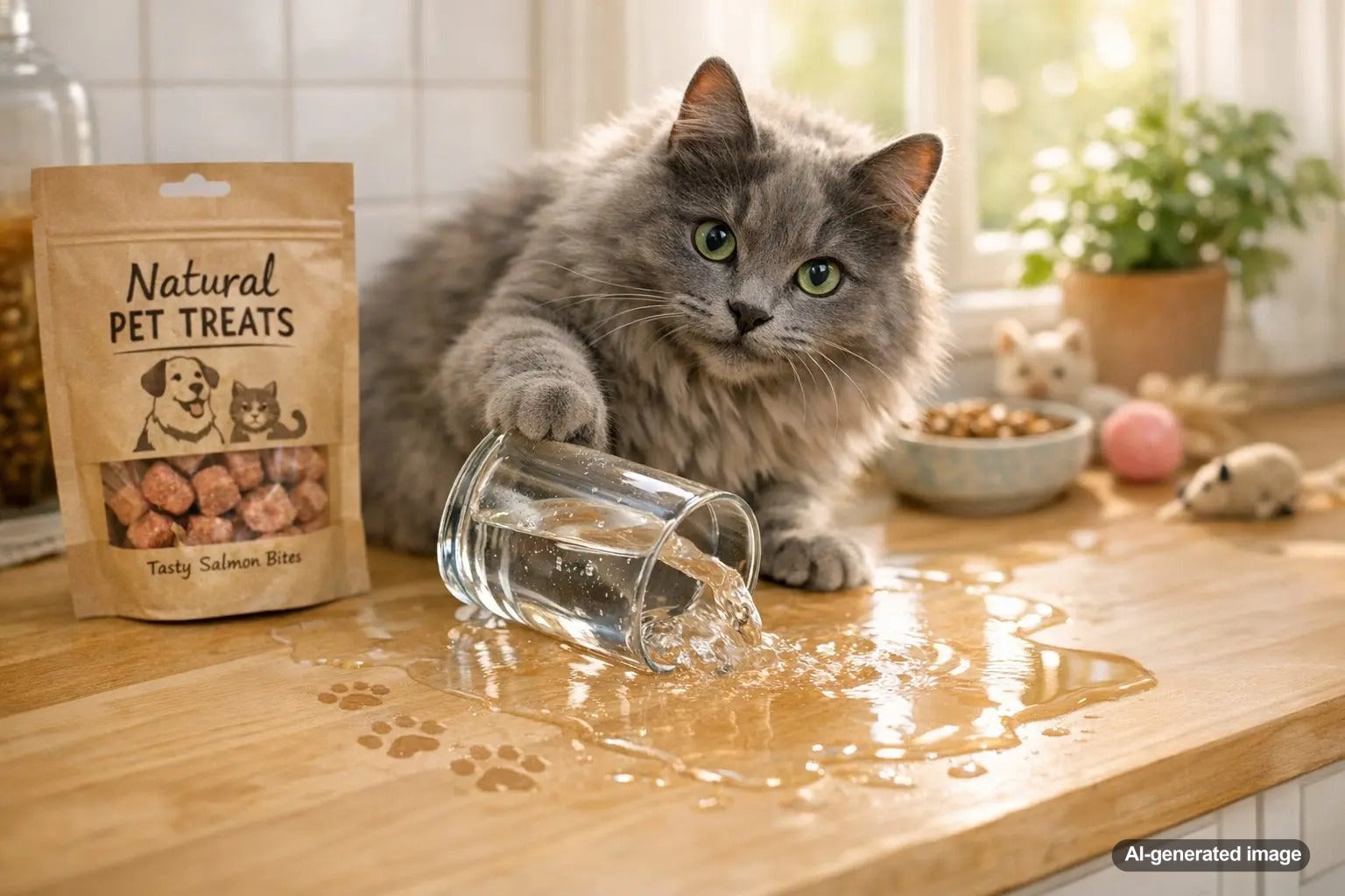Curious cat reaching toward a full glass of water on a table