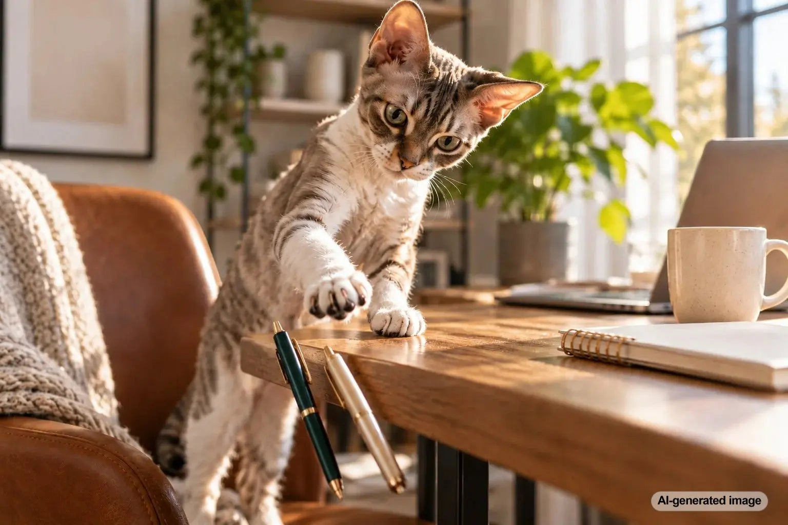 Curious cat reaching toward a pen on a desk while exploring its surroundings