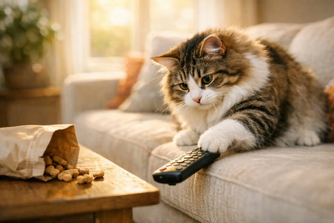 Cat knocking a TV remote off a couch while exploring its environment