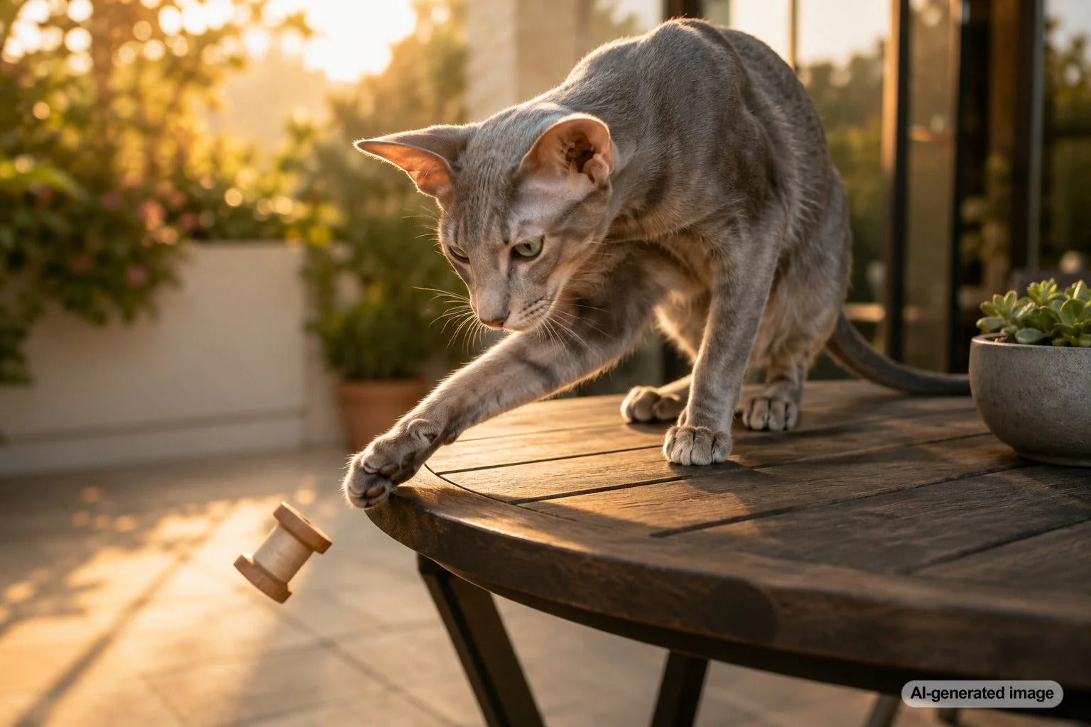 Curious cat reaching toward objects on a table while exploring why cats knock things off tables