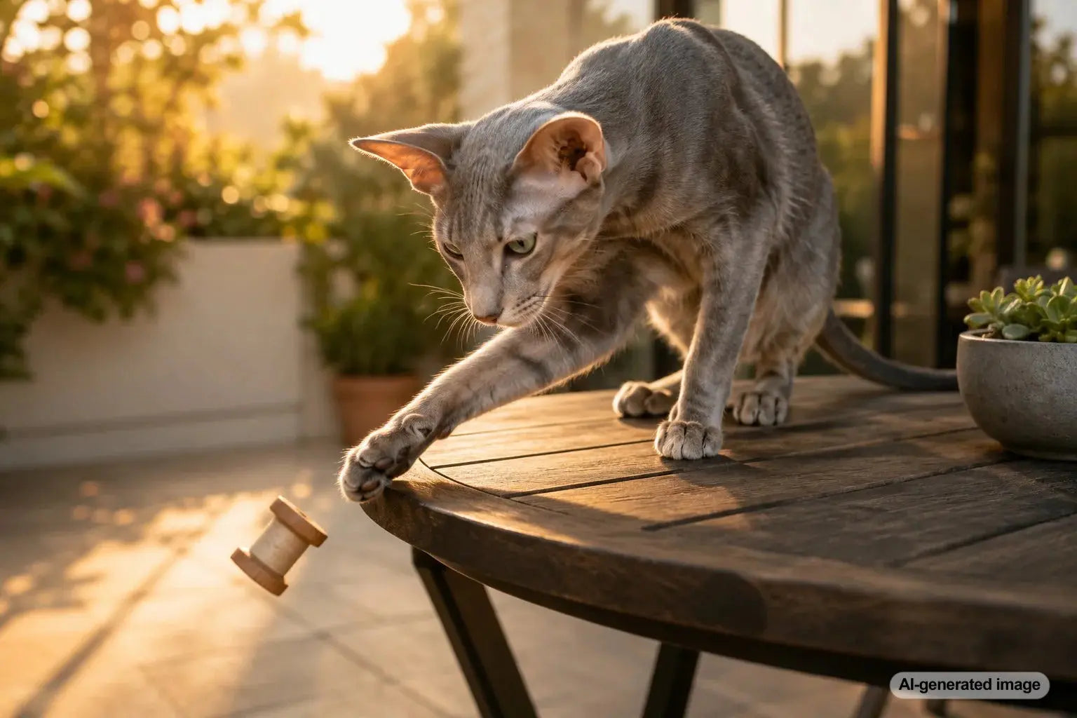 Curious cat reaching toward objects on a table while exploring why cats knock things off tables