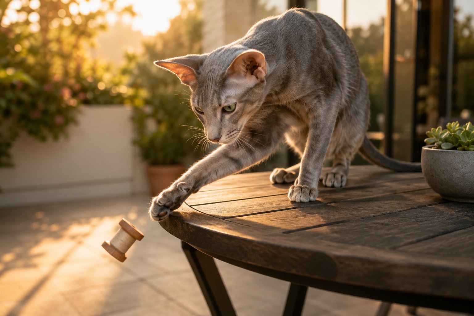 Curious cat reaching toward objects on a table while exploring why cats knock things off tables