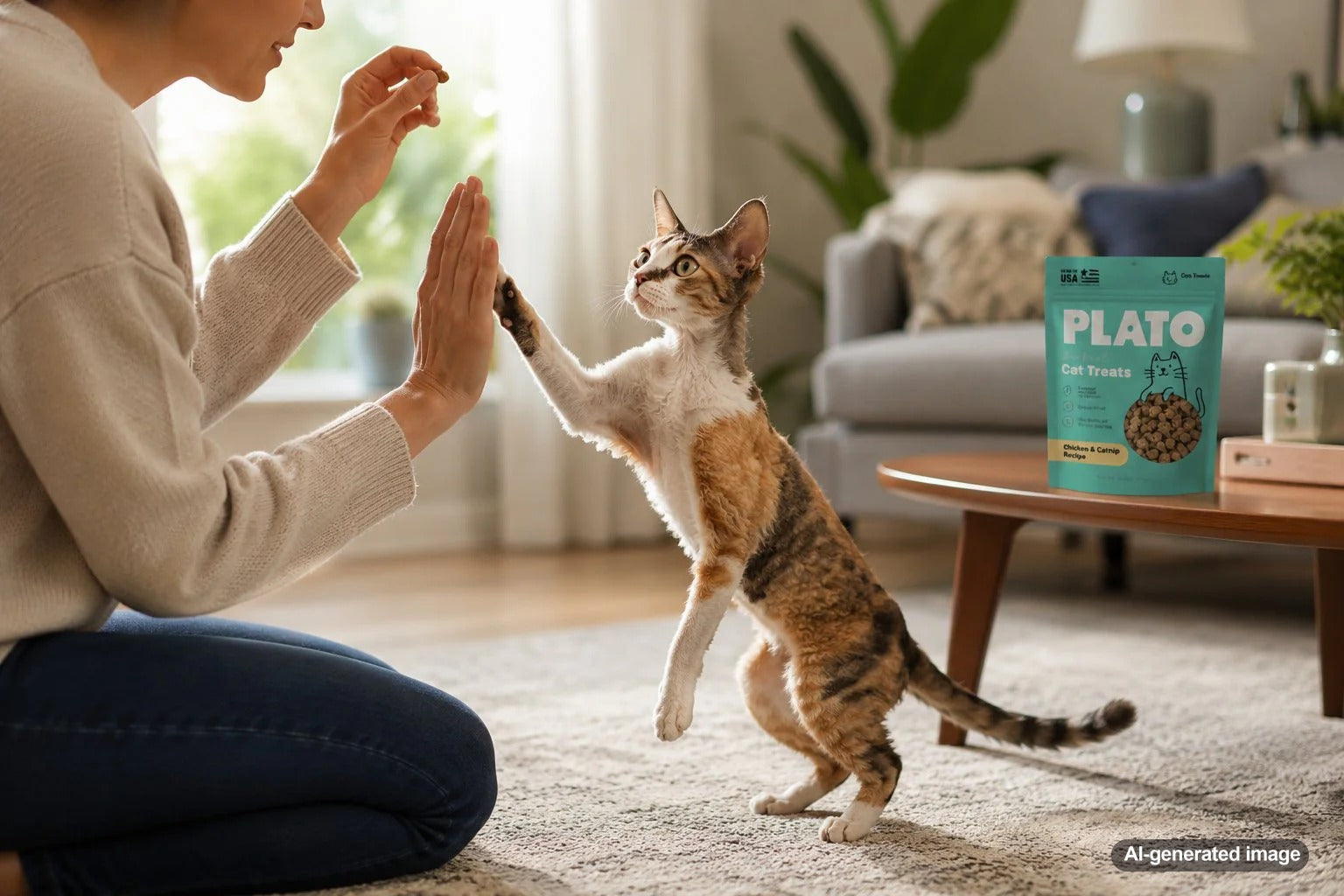 Cat learning a trick with positive reinforcement and healthy Plato Pet Treats