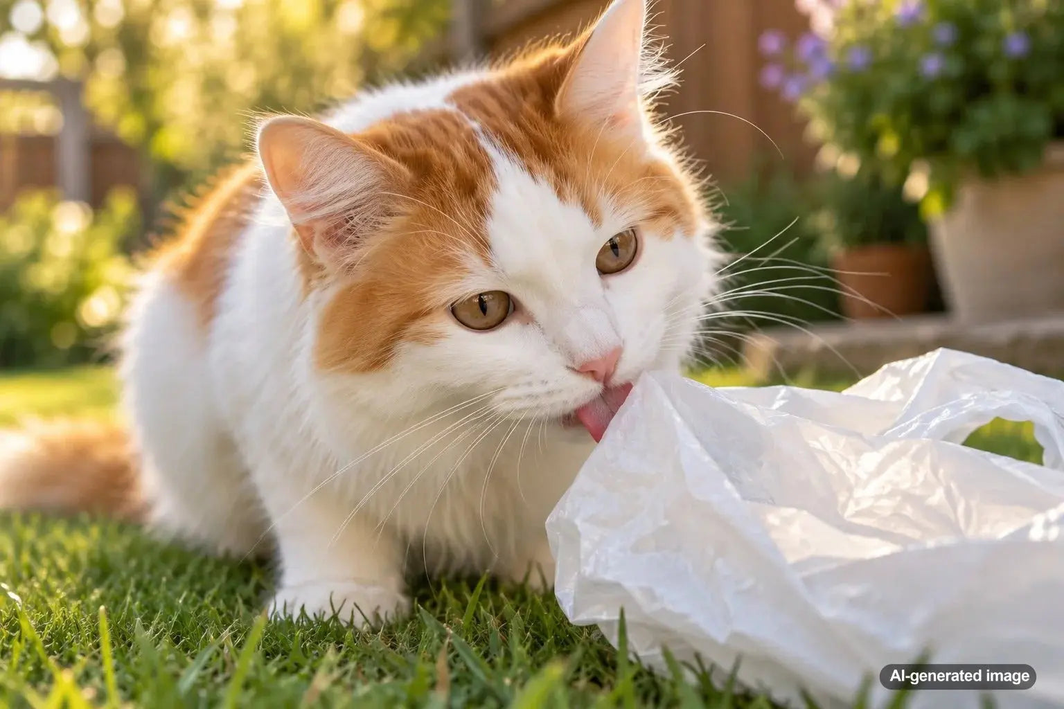 Curious cat investigating and licking a plastic bag at home