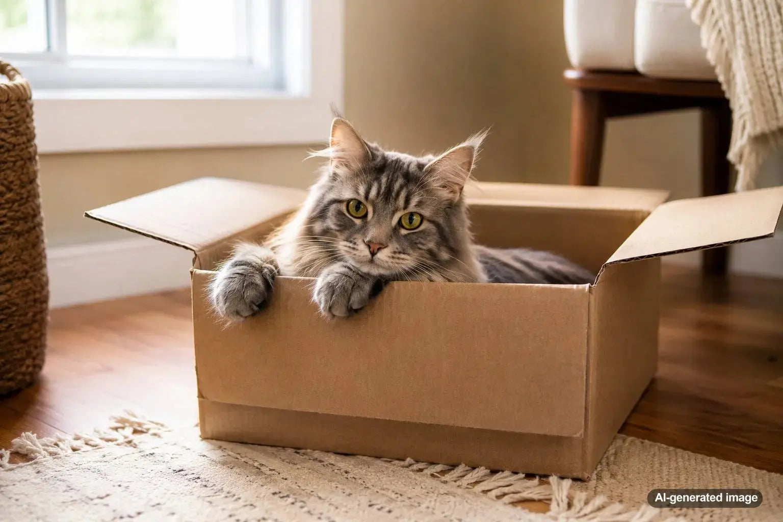 Curious cat relaxing inside a cardboard box and showing natural feline hiding behavior