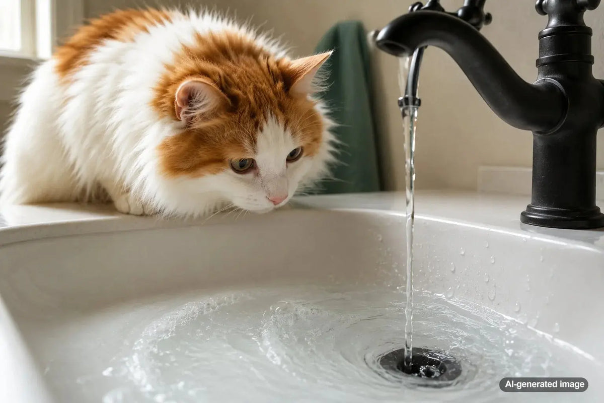 Curious cat watching water swirl down a household sink drain