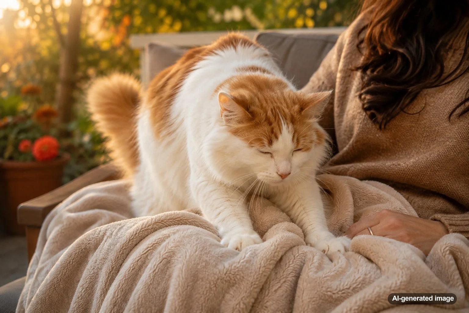 Cat making biscuits by kneading a soft blanket beside a person