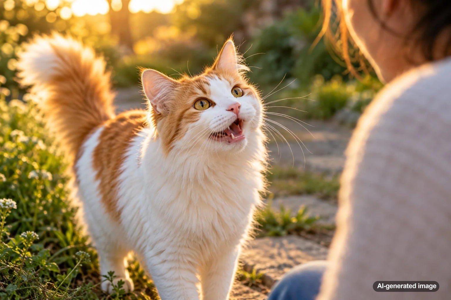 Domestic cat meowing toward a familiar person, illustrating how cats use different vocalizations to communicate with people