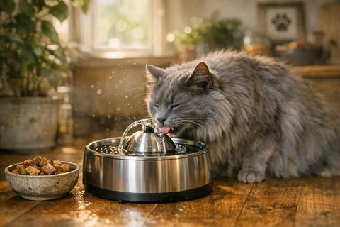 Cat drinking from a running water bowl fountain at home