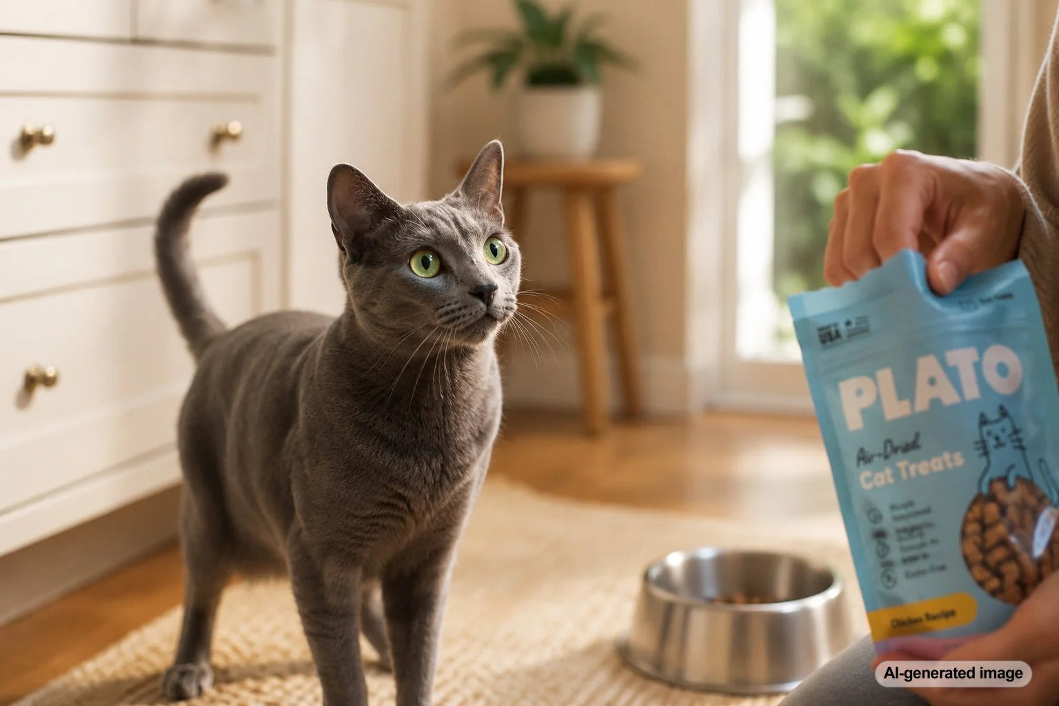 Alert cat recognizing the familiar crinkling sound of a treat bag