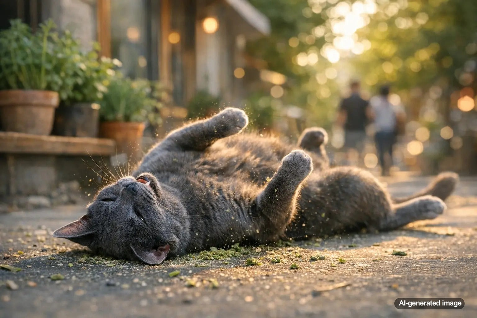 A happy cat rolling on a sidewalk sprinkled with catnip during outdoor play