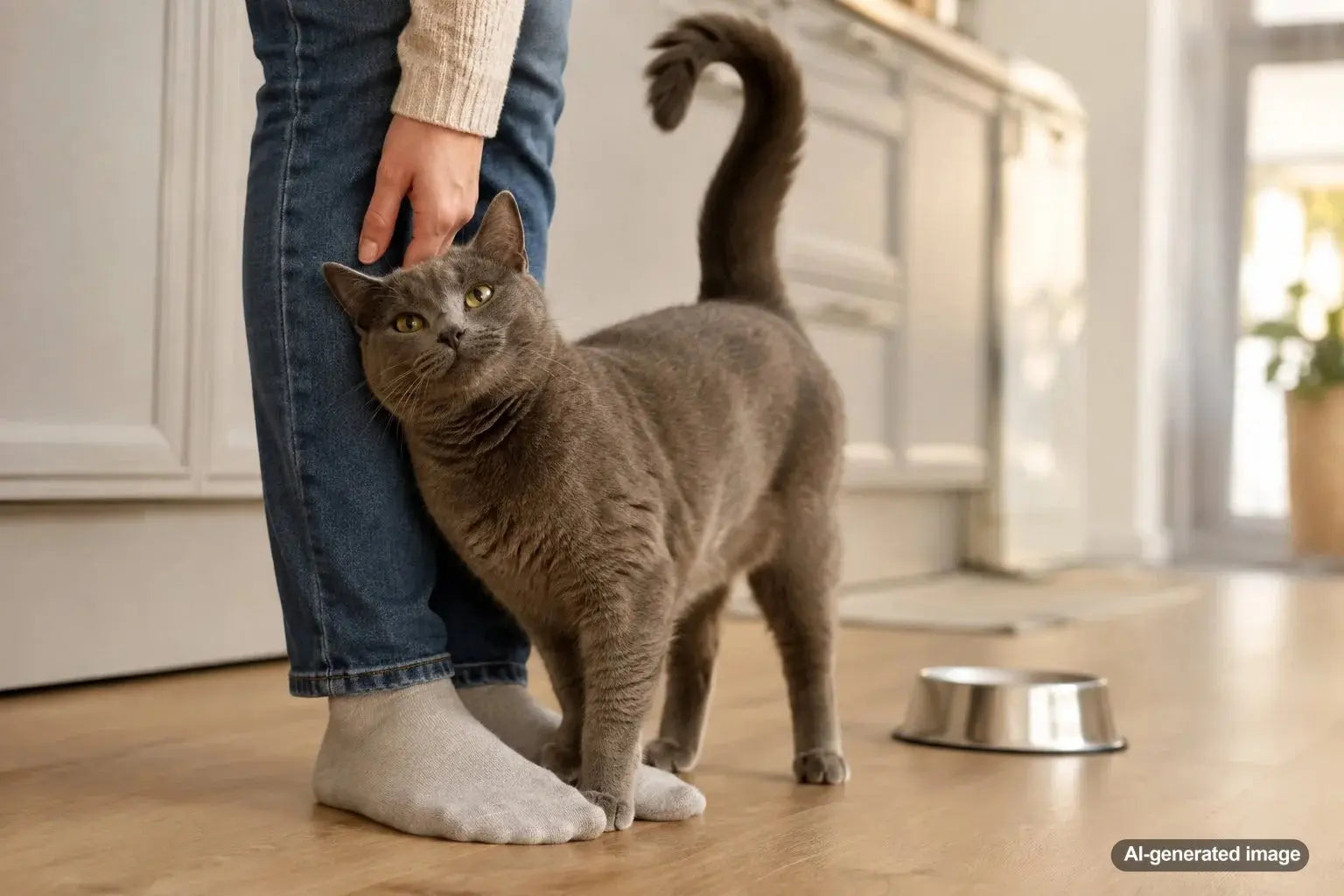 Cat rubbing affectionately against a person's legs right before mealtime