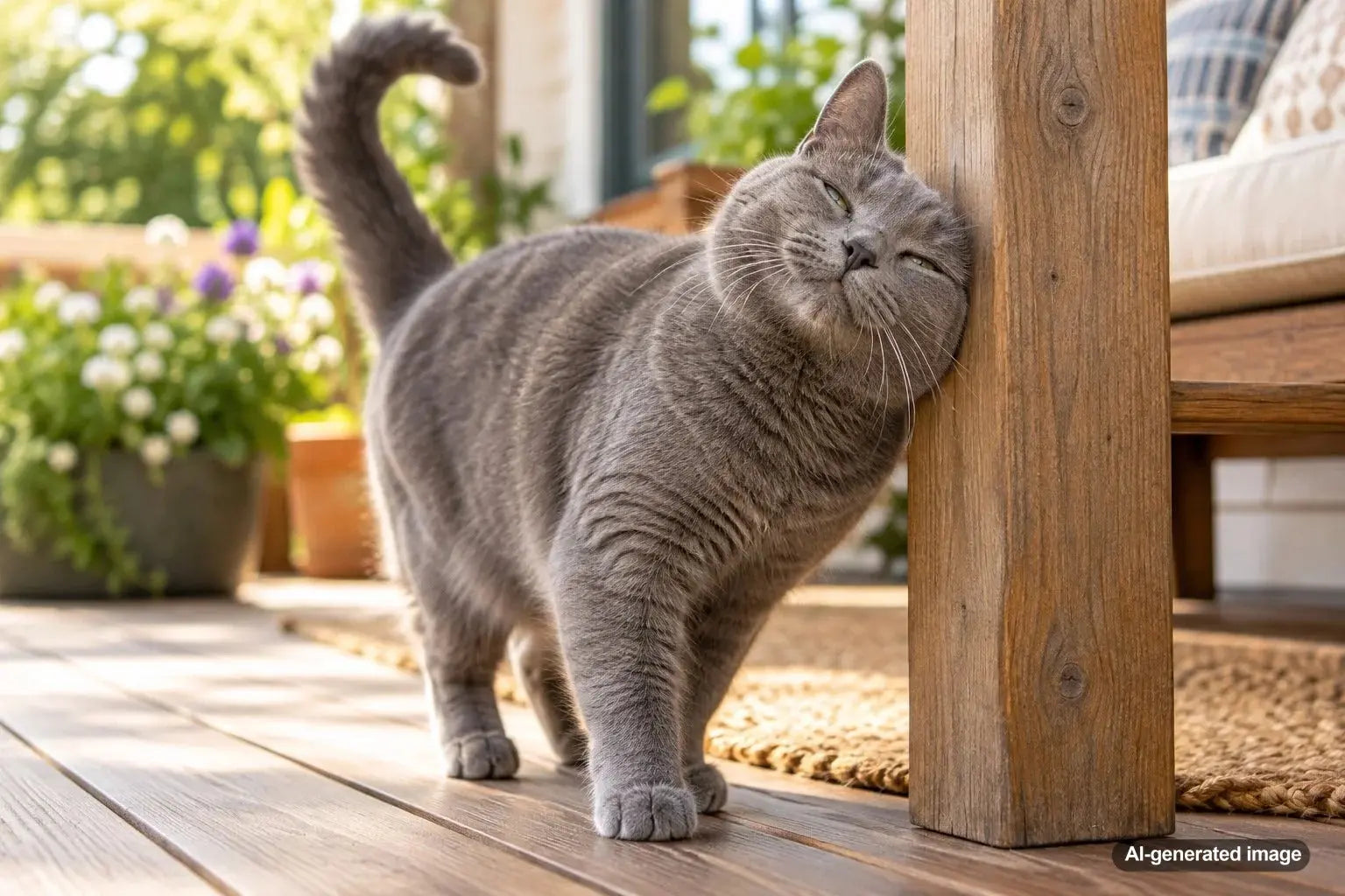 Cat rubbing its cheek against the corner of household furniture as part of normal feline scent marking behavior