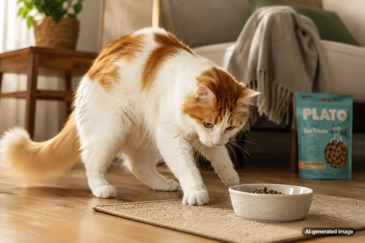 Cat scratching around its food bowl after eating