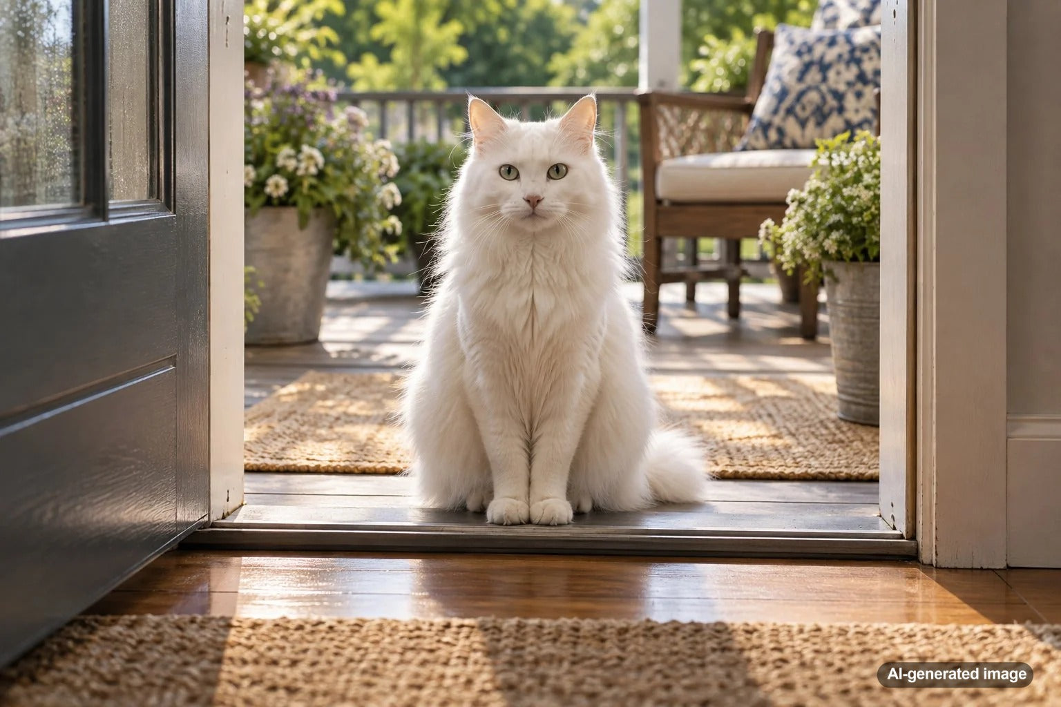 Cat sitting in the exact middle of a doorway while watching activity in the home