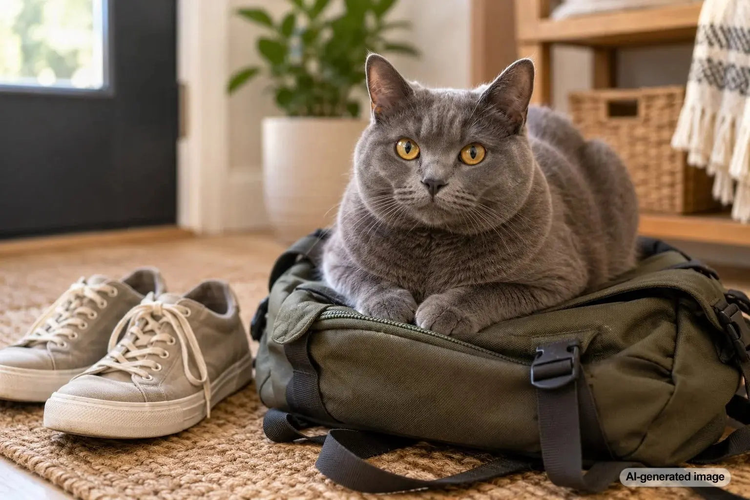 Cat sitting comfortably on shoes and a backpack near an entryway