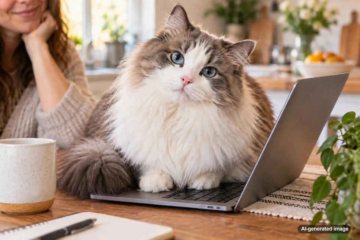Cat sitting on a laptop while its owner works from home