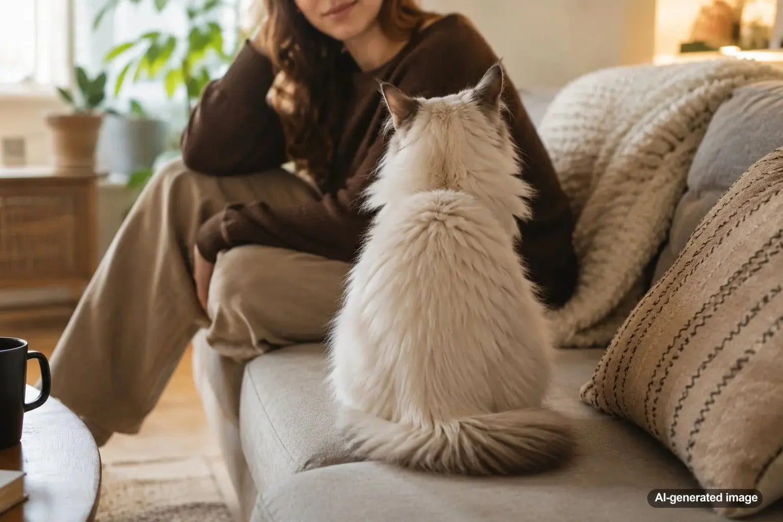 Relaxed cat sitting with its back toward its trusted owner at home