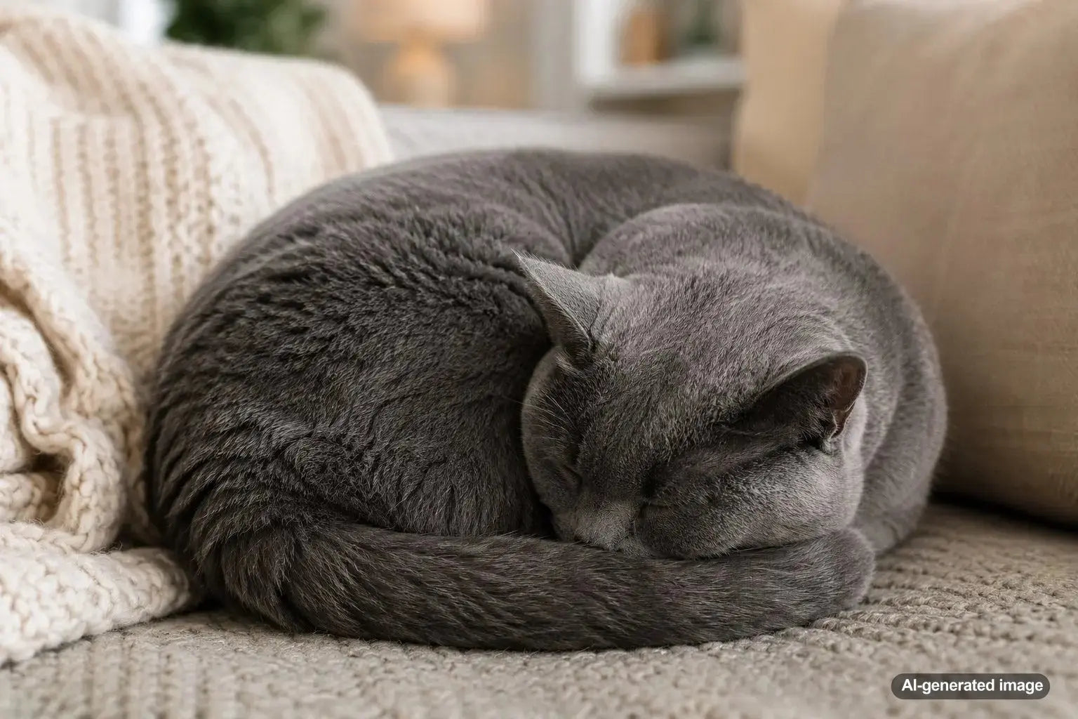 Cat curled into a circle while sleeping to conserve heat