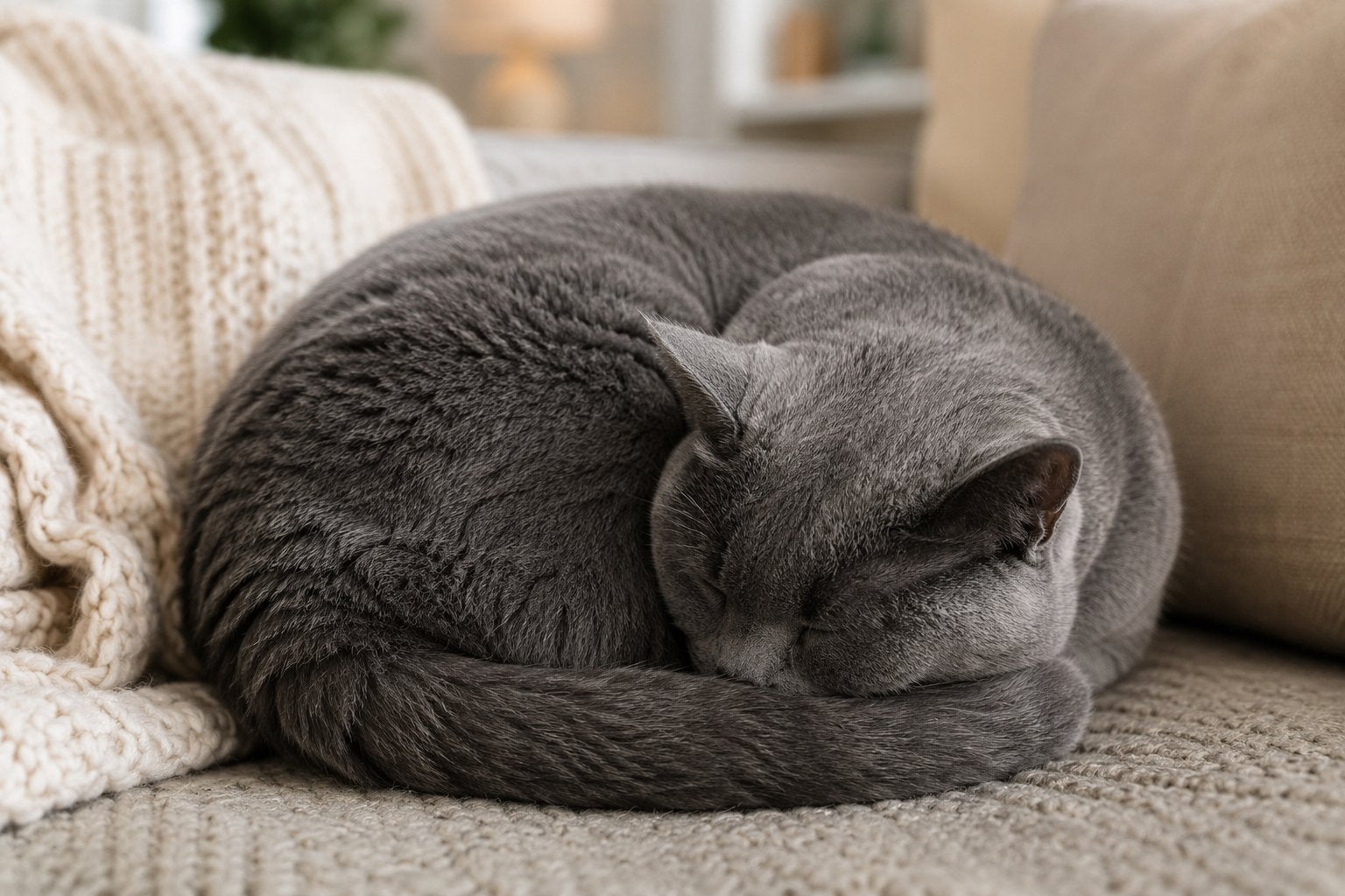 Cat curled into a circle while sleeping to conserve heat