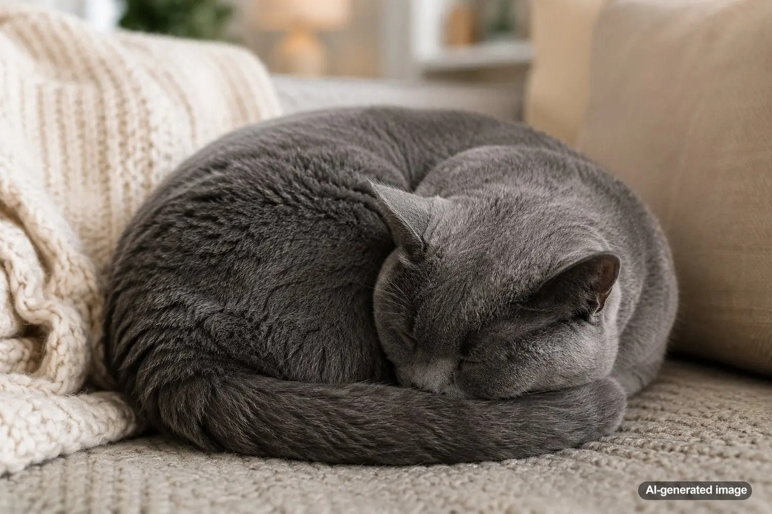 Cat curled into a circle while sleeping to conserve heat