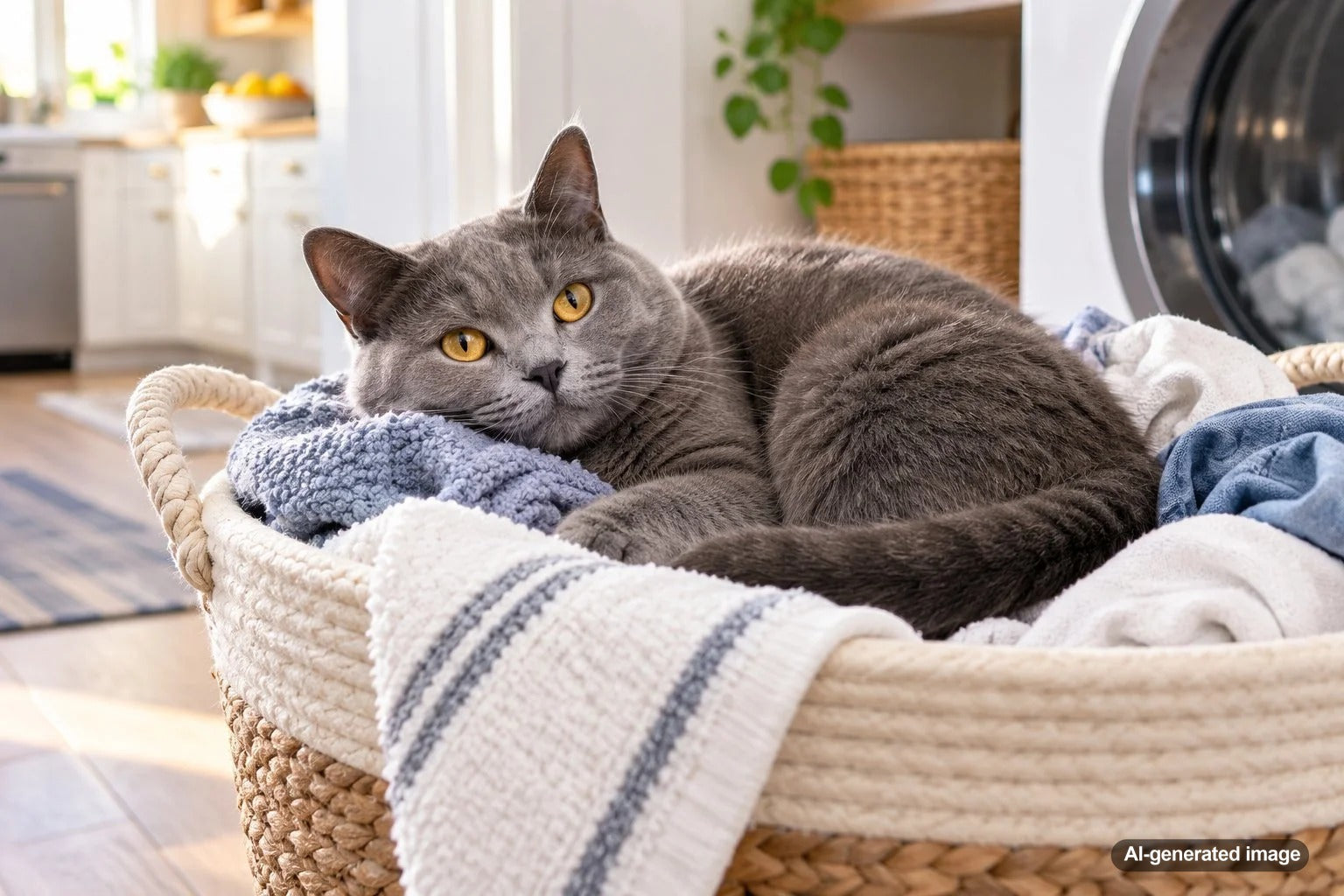 Cat sleeping comfortably in a laundry basket filled with soft clothing instead of a pet bed