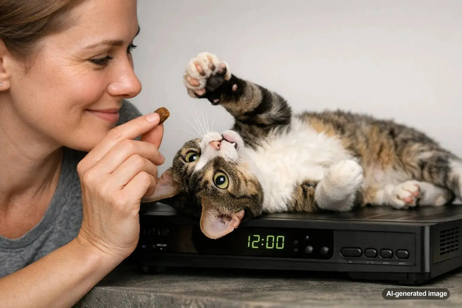 Cat sleeping on a warm cable box in a cozy living room