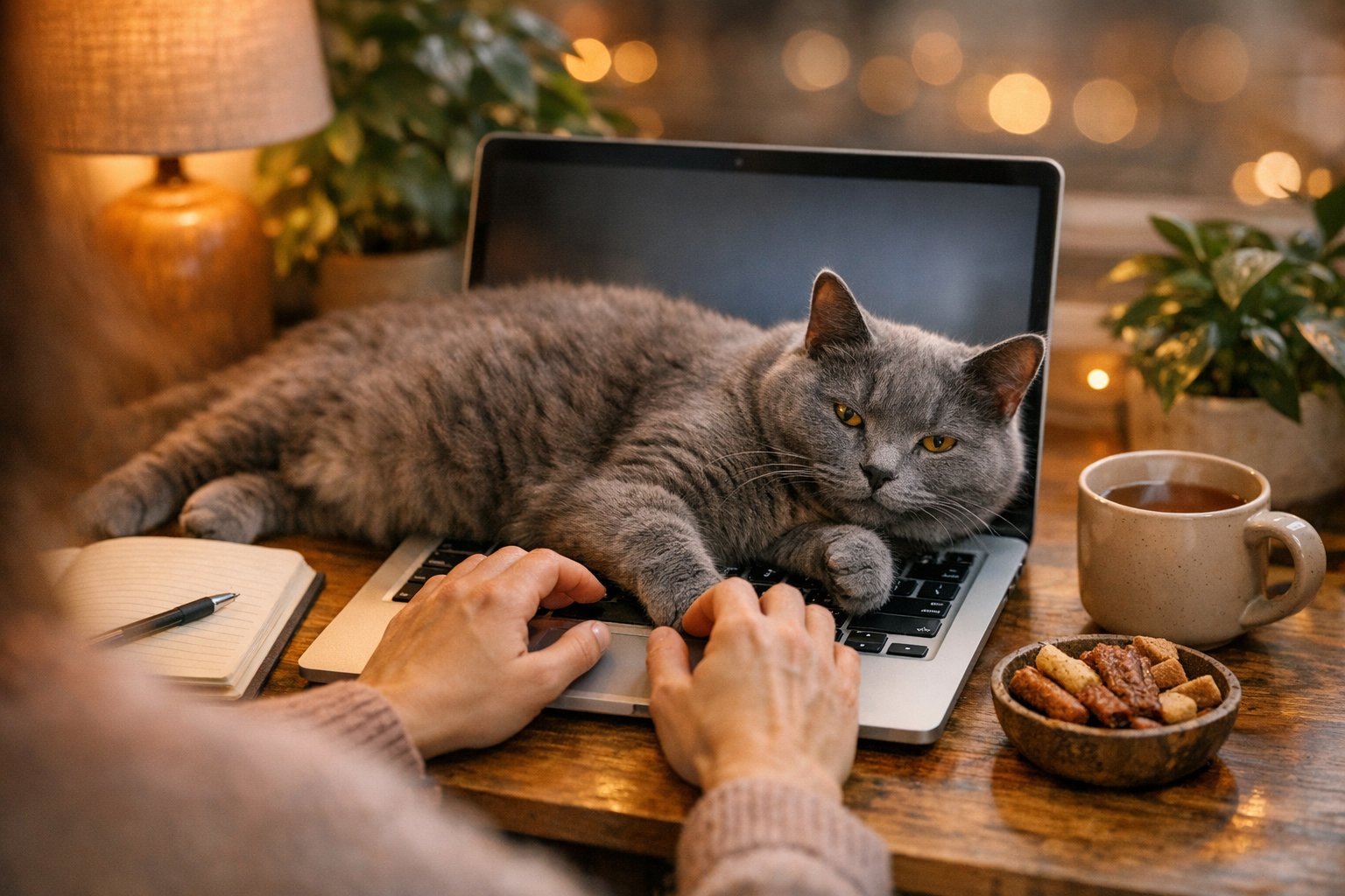 Cat lying across a keyboard while its owner tries to type at a laptop