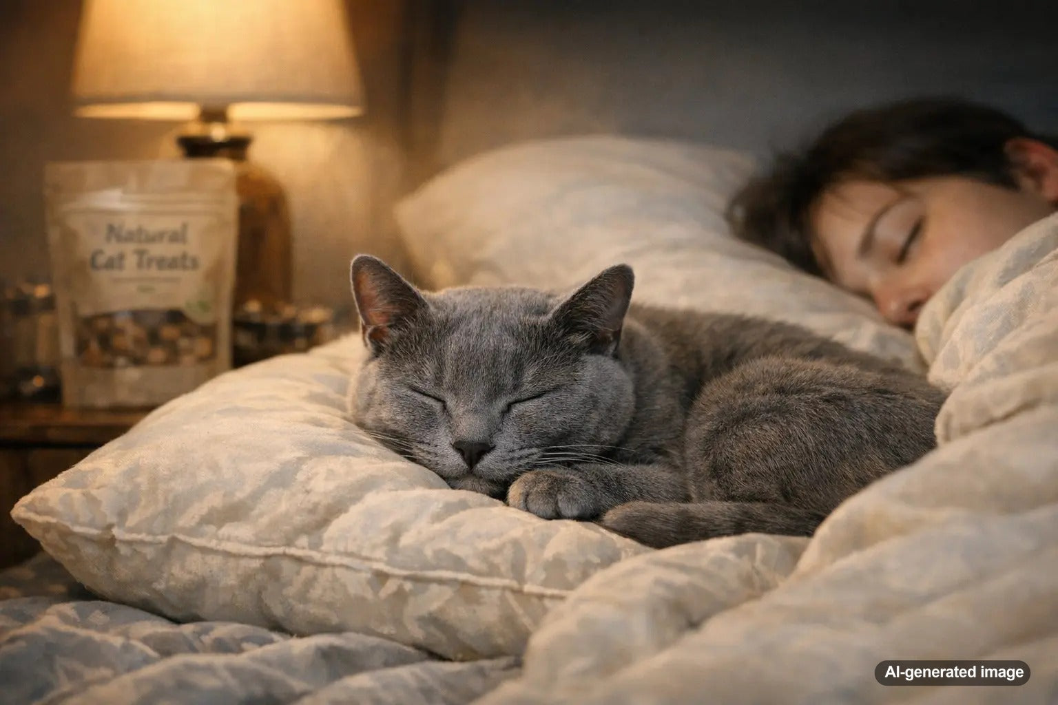 Gray cat sleeping on a pillow beside a resting person in bed