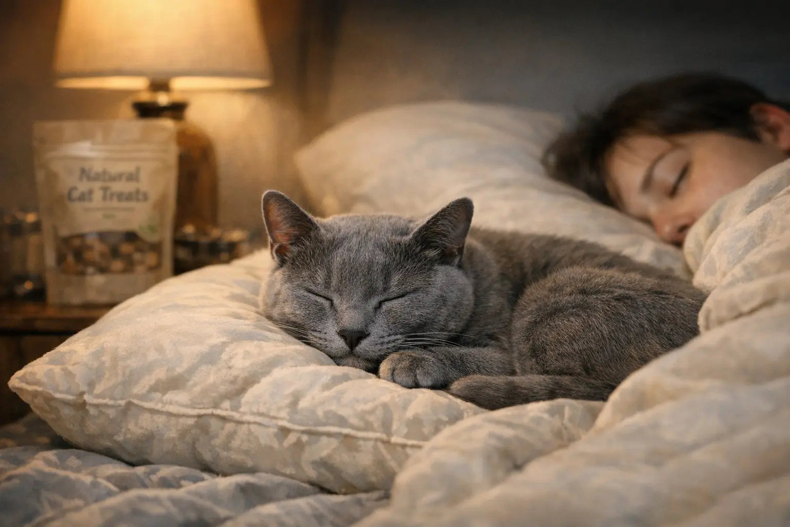 Gray cat sleeping on a pillow beside a resting person in bed