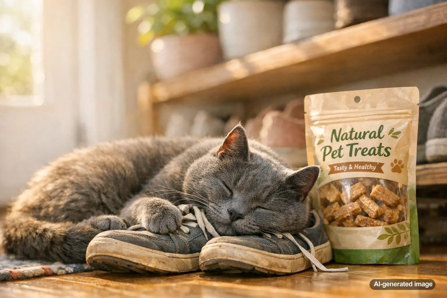 Cat sleeping peacefully on a pair of shoes near the door