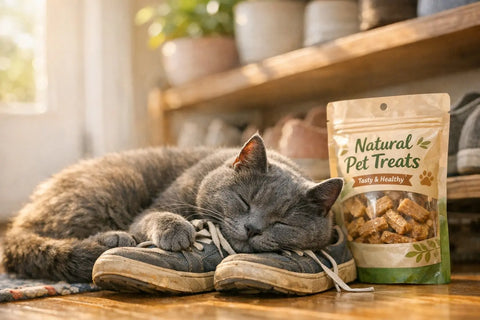 Cat sleeping peacefully on a pair of shoes near the door