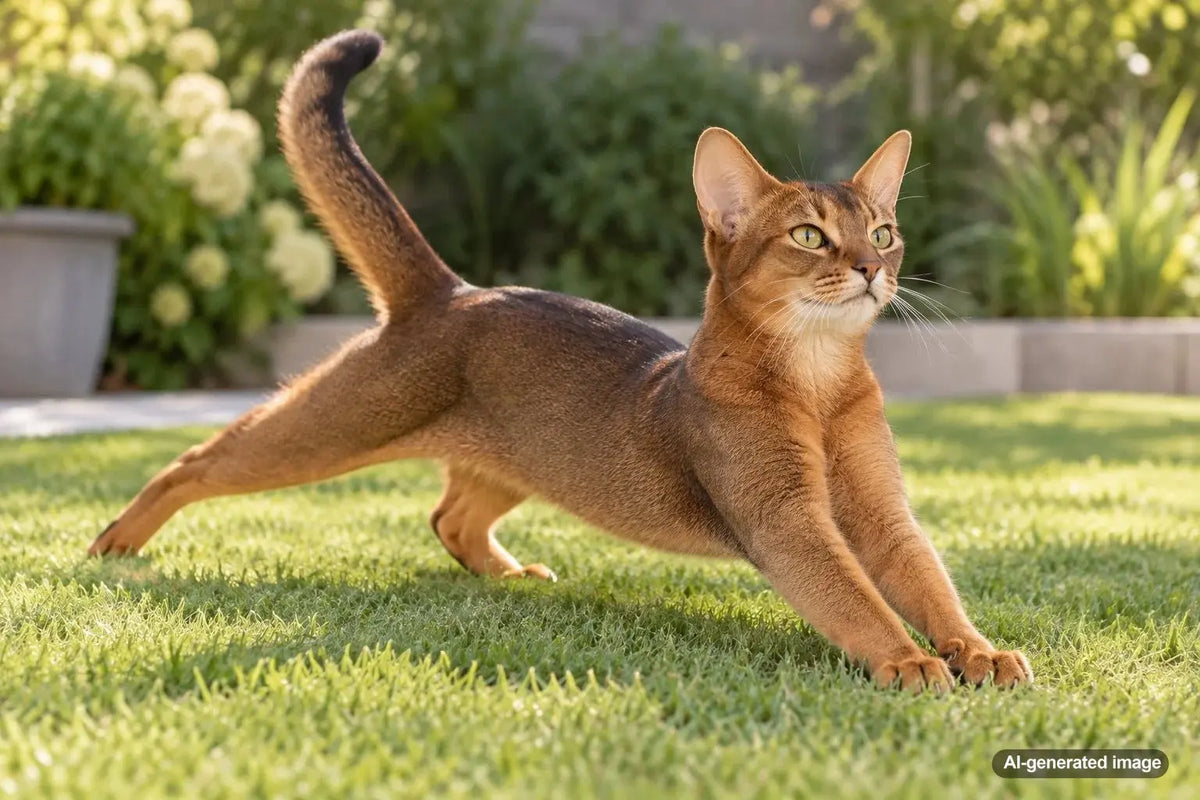 Cat stretching one hind leg straight behind its body while relaxing at home