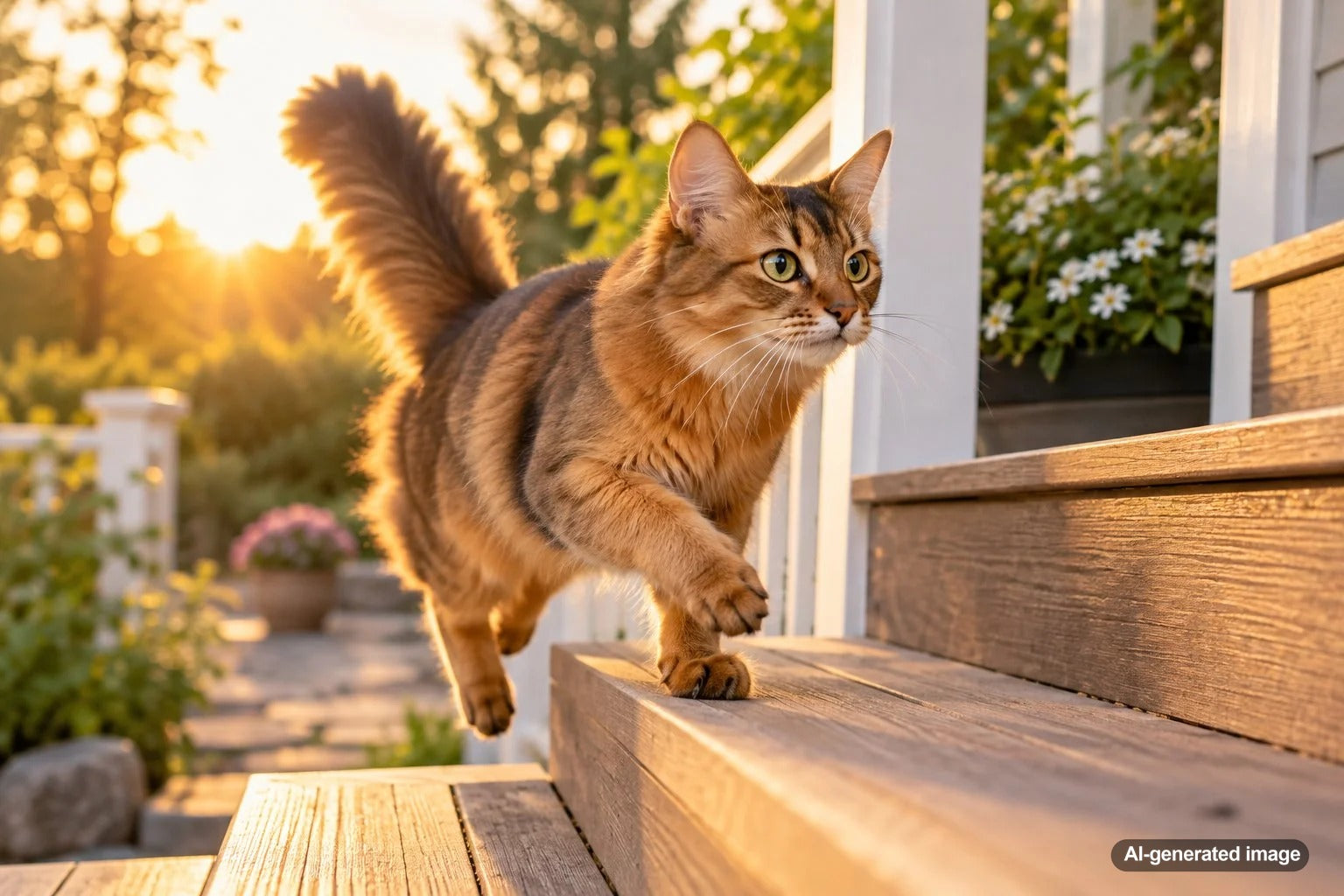 Playful cat suddenly racing up a staircase during an energetic case of feline zoomies