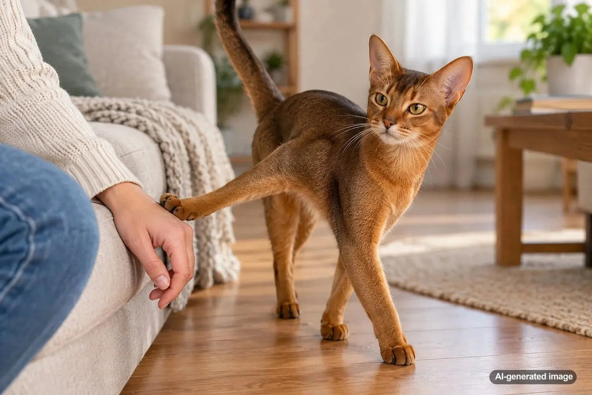 Cat gently tapping a person with one paw before walking away