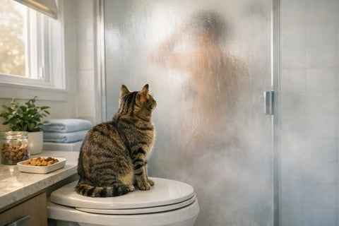 Curious cat watching their owner shower from the bathroom floor