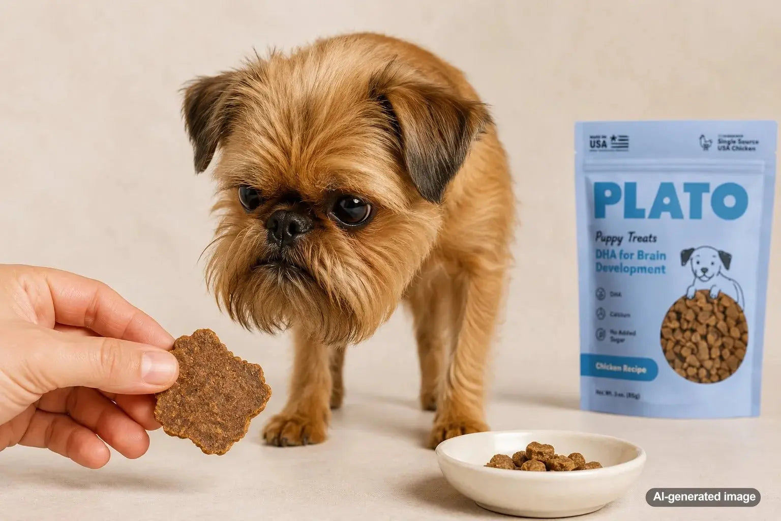 Small dog considering a crunchy treat beside softer bite-size dog treats