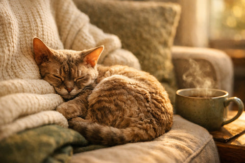 Devon Rex cat curled up looking warm and suede-soft
